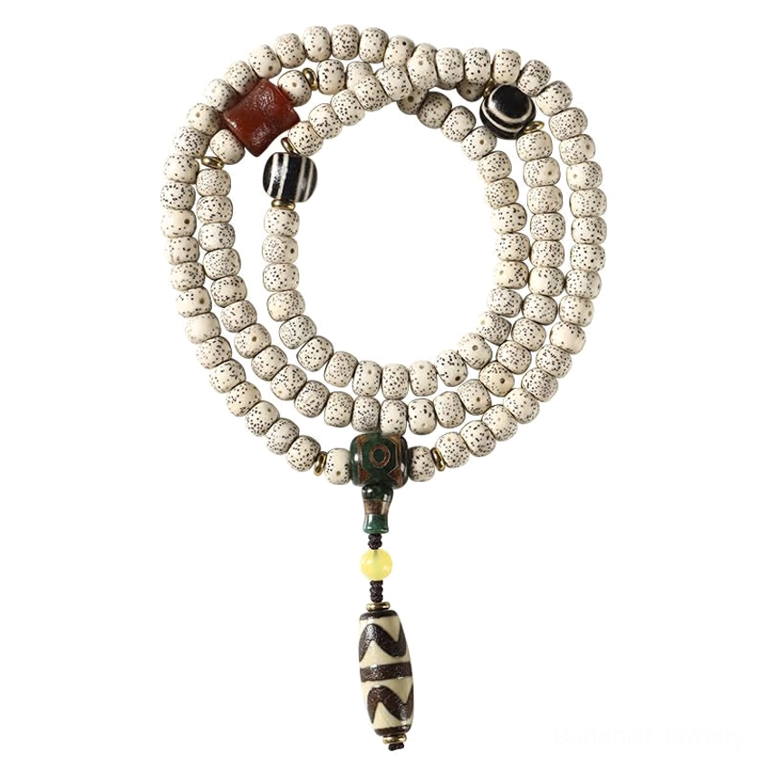Coiled Star Moon Bodhi Seed prayer mala with green glass accent bead and striped Dzi pendant