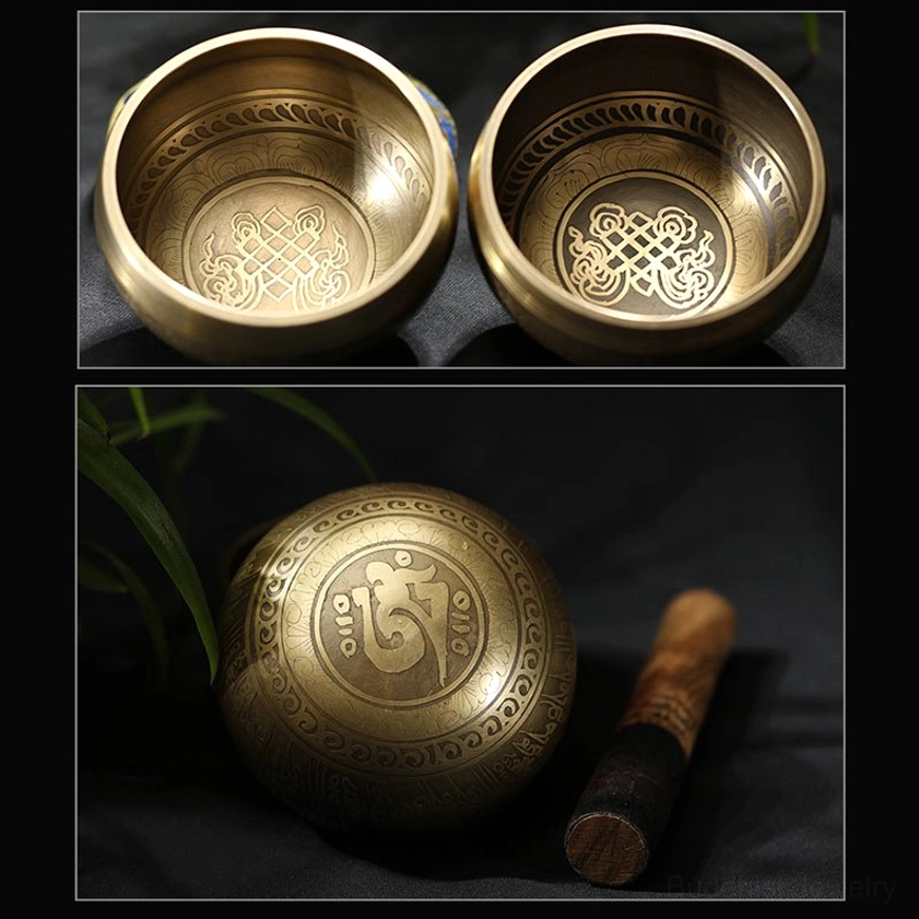 Multiple Buddhist copper singing bowls collection with Om markings and wooden strikers
