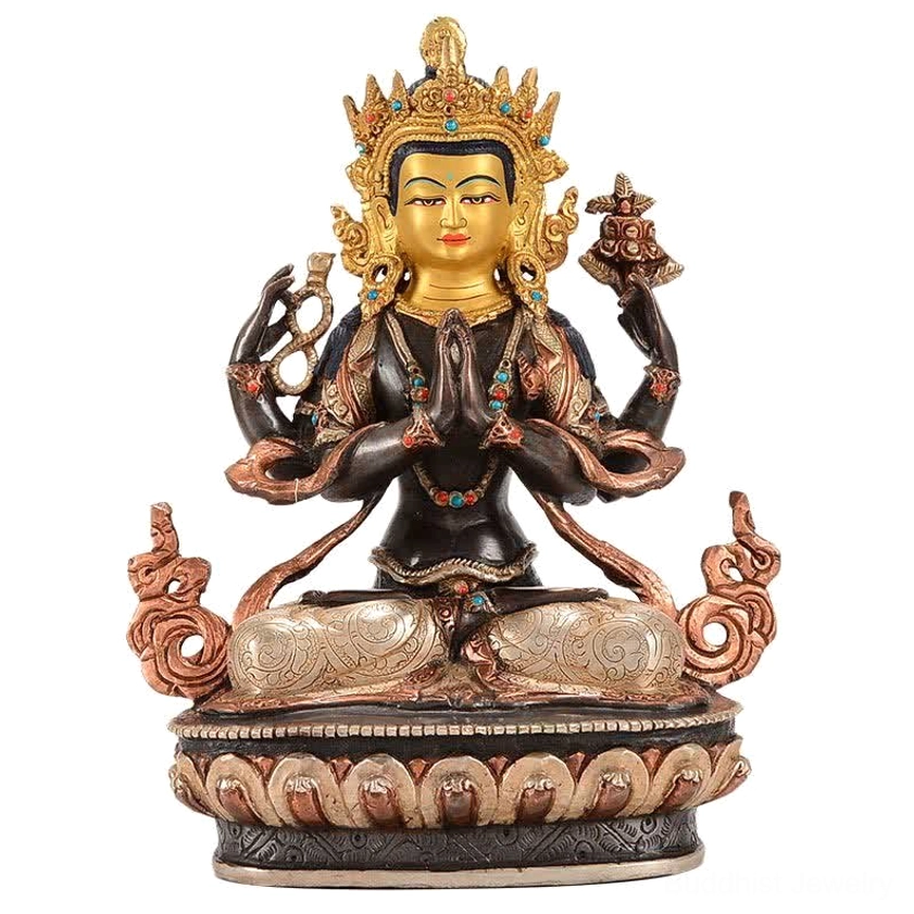 Collector's Buddhist statue - premium four-armed Avalokitesvara with intricate gilding and sacred Himalayan artisanal craftsmanship
