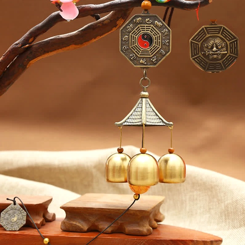 Colorful bagua yin-yang wind chime with vibrant eight-trigram plaque, 3 brass bells, and pavilion hanger for cosmic energy