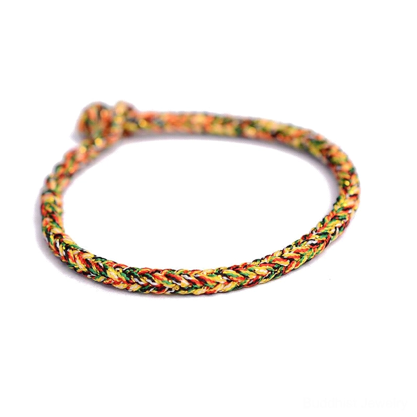 Colorful eight-thread Buddhist peace knot braided bracelet featuring multicolor woven cord design on white background