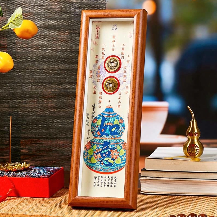 Colorful gourd blessing wooden photo frame with decorative brass coins detail