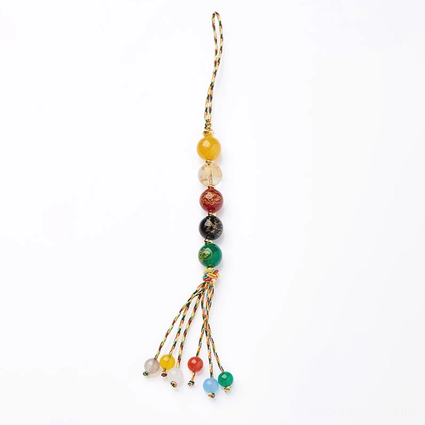 Mini Five Gods of Wealth agate charm with compact bead string and small tassel with multi-color beads