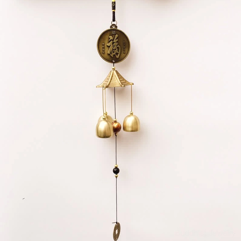 Compact Fu character bronze coin wind chime with two brass bells and coin pendant for spiritual harmony