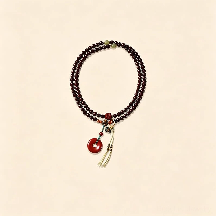Compact 108 bead red rosewood mala with tiny red peace buckle pendant and delicate braided tassel on light tan paper background