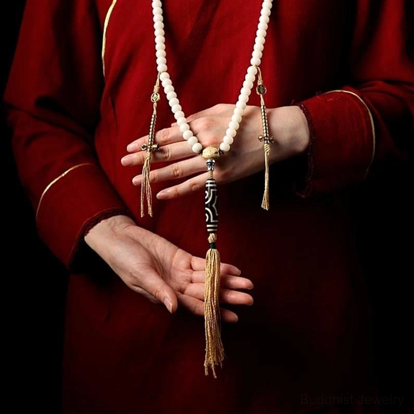 Buddhist 108 prayer mala necklace complete strand, bodhi seed and gray agate beads, meditation tool for spiritual practice