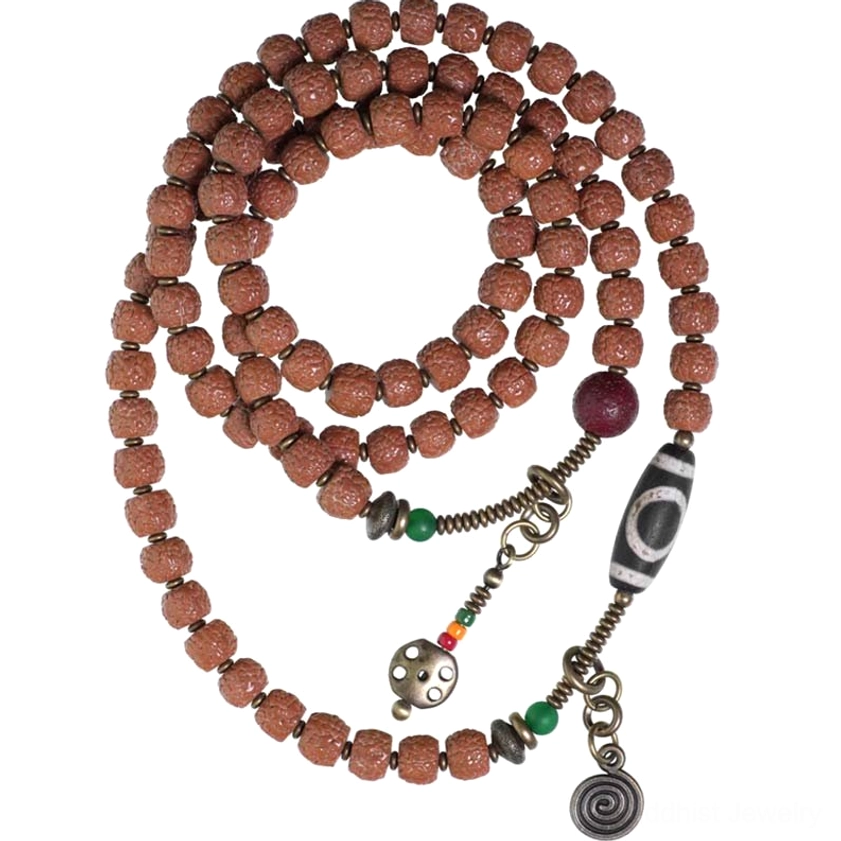 Complete 108 Bead Rudraksha Mala Prayer Necklace - Dzi Pendant with Tassel Charms and Metal Hardware