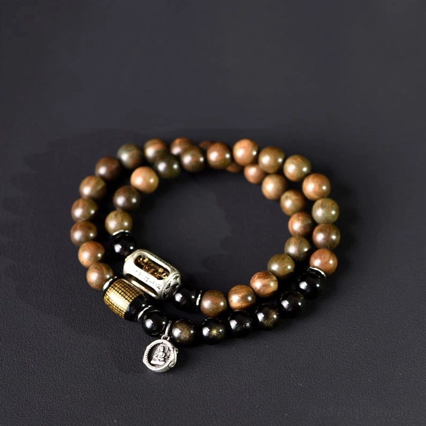 Complete sandalwood and gold obsidian Buddhist bracelet set showing all size options and materials