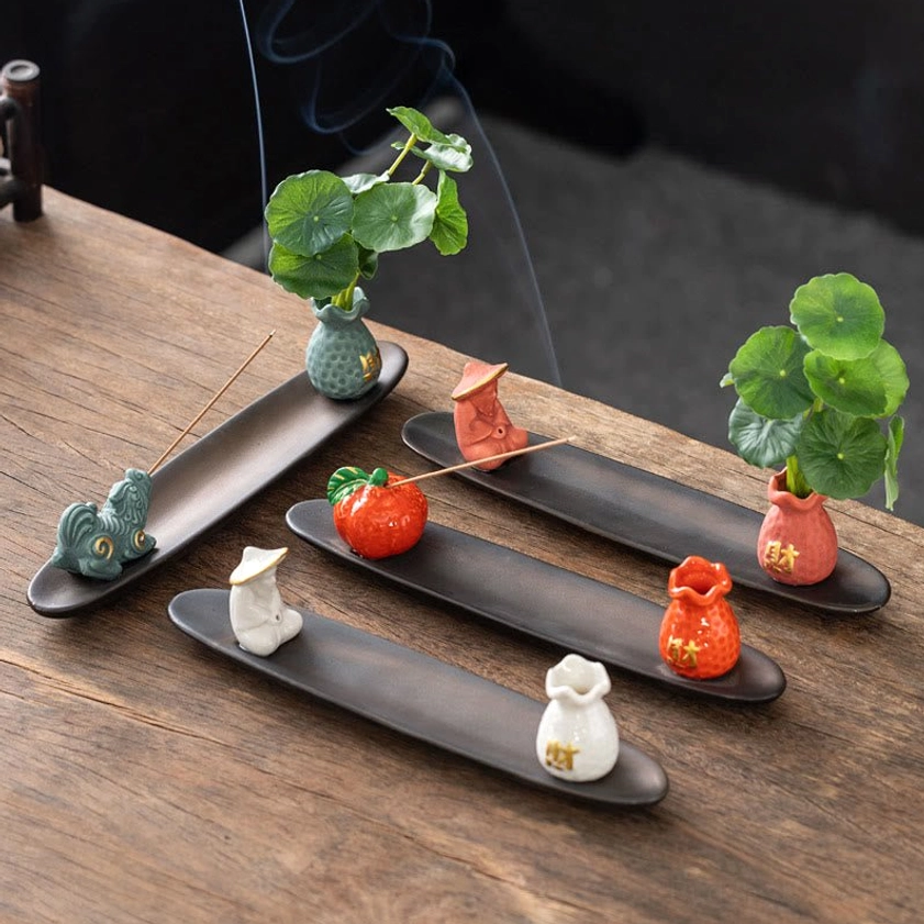 Complete ceramic Buddhist incense burner set with figurine vase and accessories