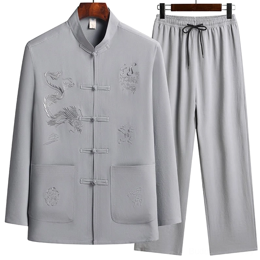 Complete maroon Tang suit ensemble - full outfit display showing top with dragon embroidery and matching navy pants with elastic waistband