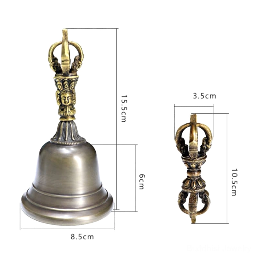Complete handmade copper meditation bell and vajra dorje set with natural aged patina finish
