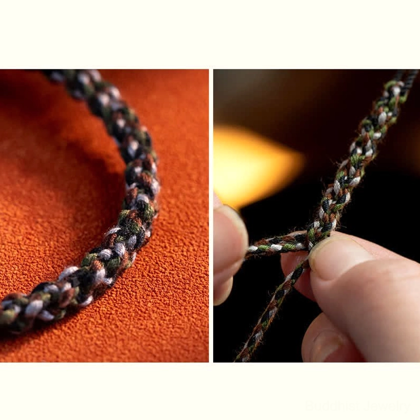 Buddhist steelyard weight protection bracelet showing complete design with charm and woven cord