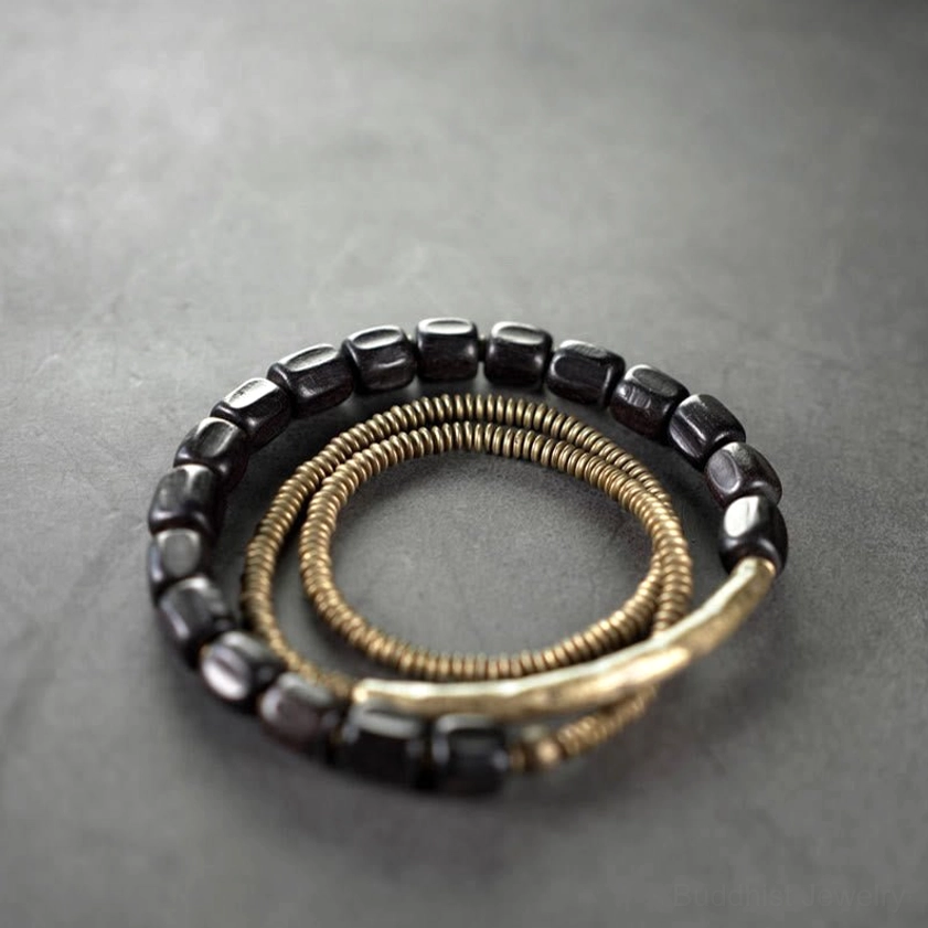 Complete three-strand set of ebony wood and antiqued copper Buddhist bracelets