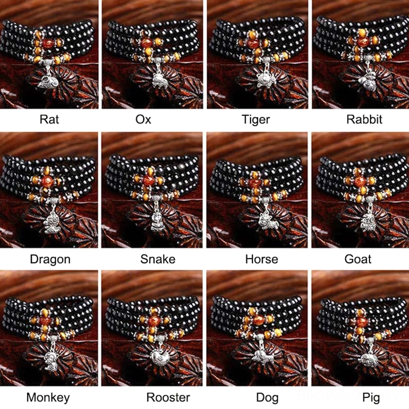 Complete 12 zodiac animal mala bracelet collection black obsidian tiger eye display grid