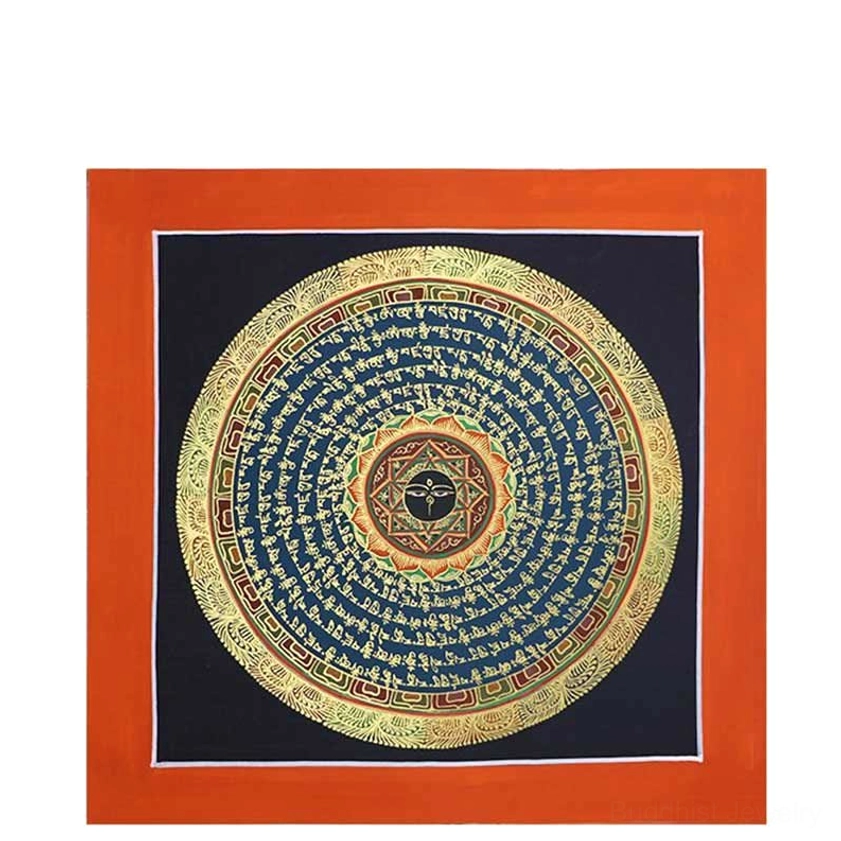 Concentric mantra mandala thangka with orange outer border, dark blue background, and layered gold mantra rings – Buddhist meditation art