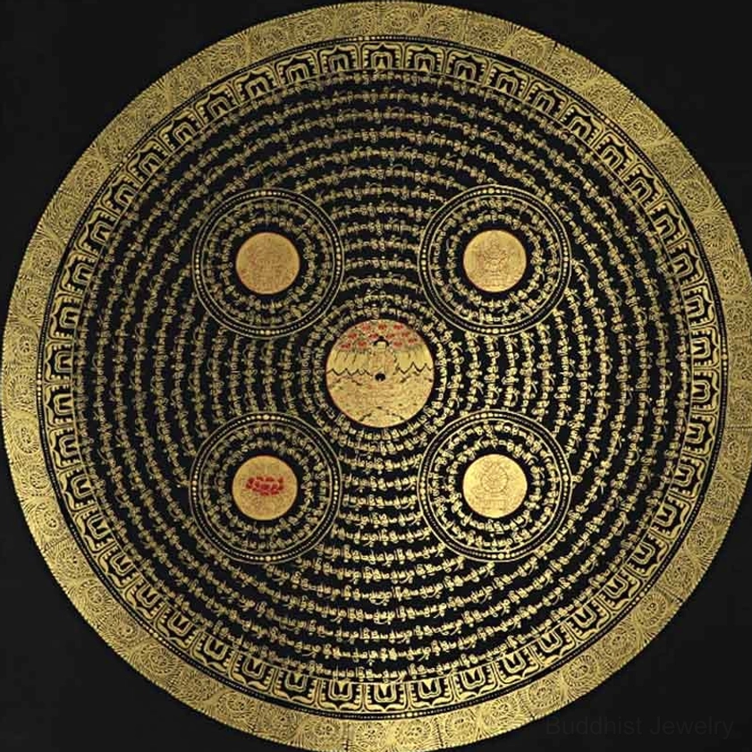 Concentric golden Om Mani Padme Hum mantra rings mandala thangka with five circular decorative motifs on black background
