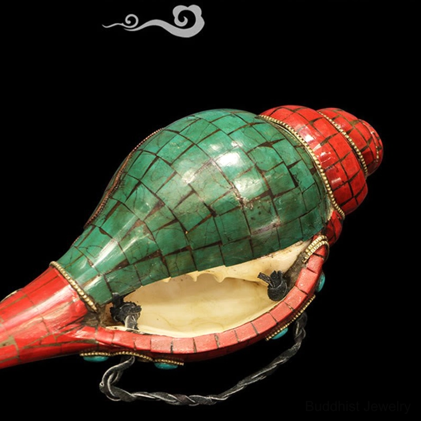 Bottom rear angle showing authentic white conch shell interior and multi-color inlaid mosaic pattern