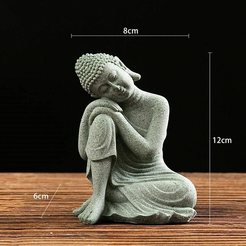 Handcrafted green sandstone Buddha statue in contemplation pose with detailed size measurements shown