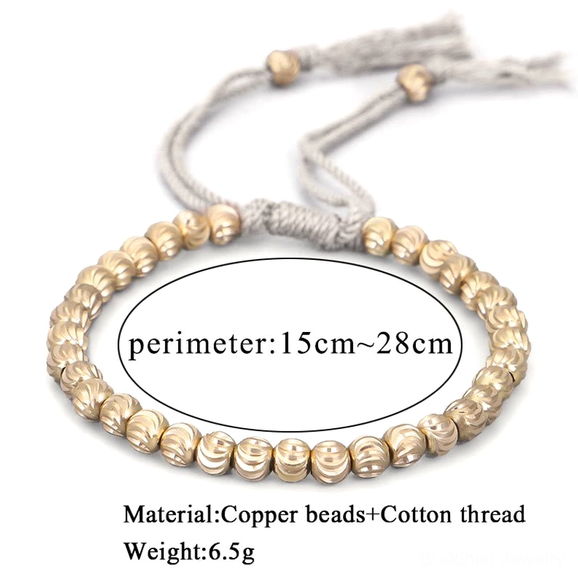 Copper bead Buddhist bracelet specifications showing size material and weight, product details
