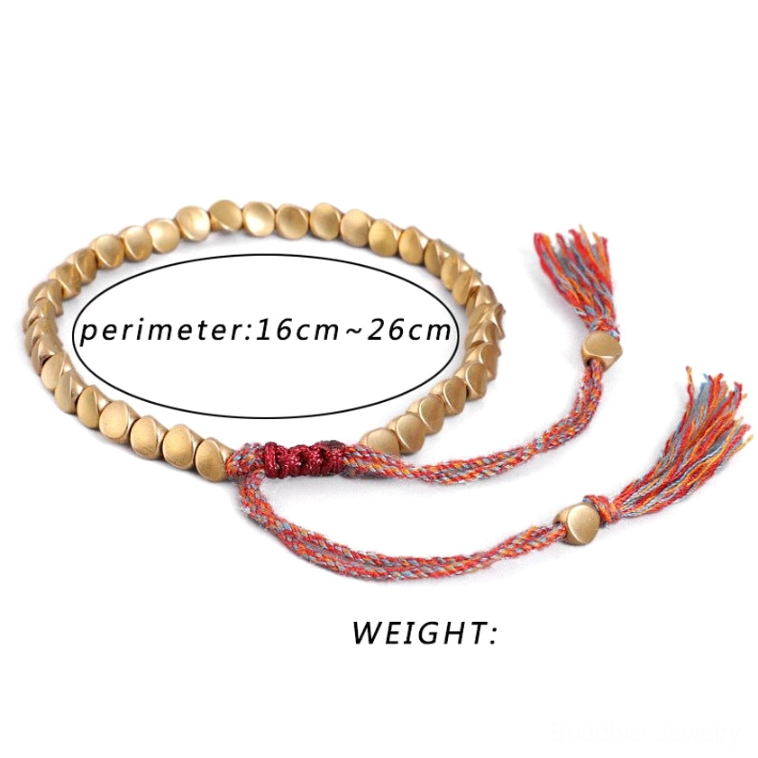 Buddhist copper bead bracelet showing natural material construction and eco-friendly sustainable handmade production process