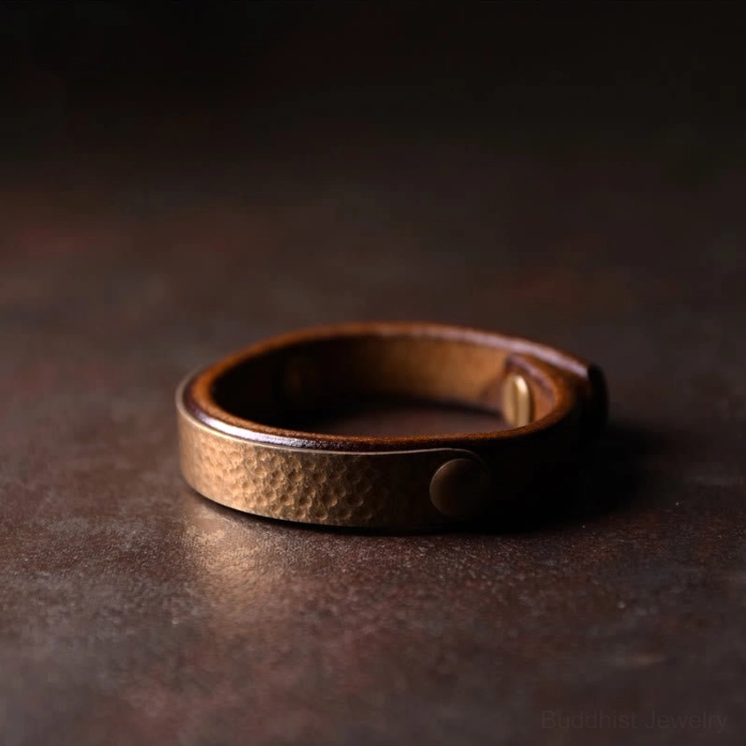 Vintage handcrafted copper brass leather bangle with hammered metal panel and side rivets on rustic wooden surface