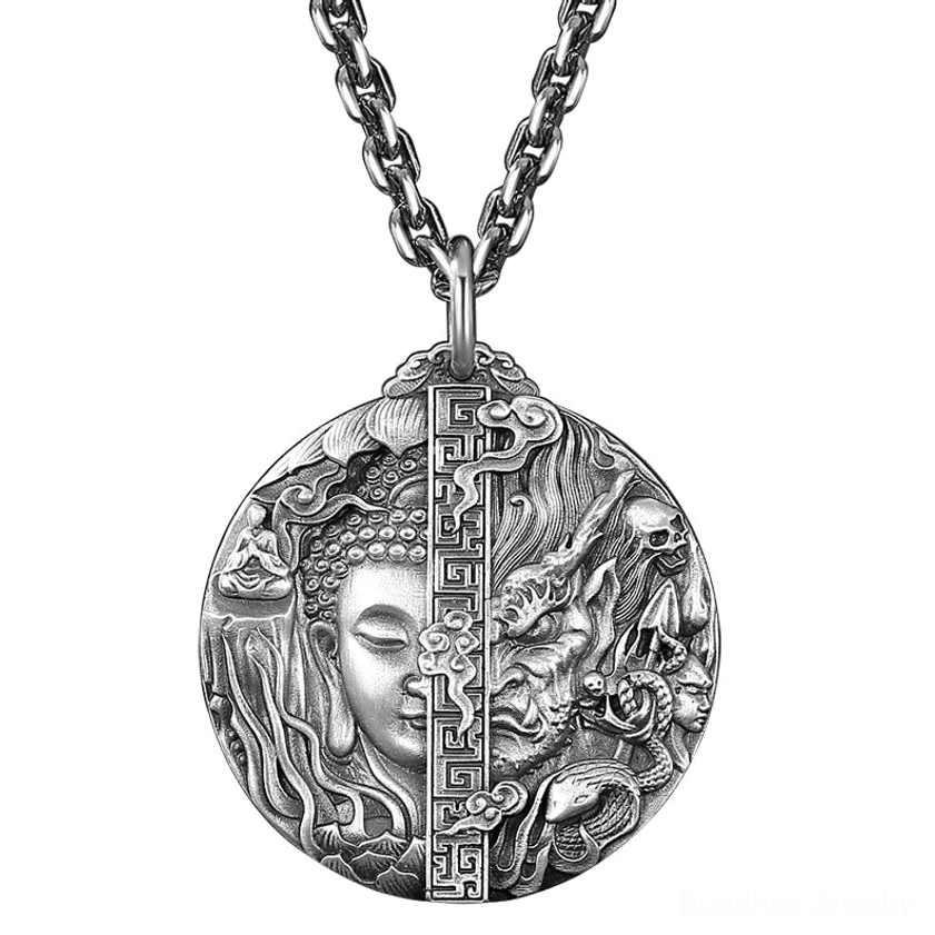 Buddhist copper pendant necklace right front oblique angle showing detailed relief carving and curb chain attachment