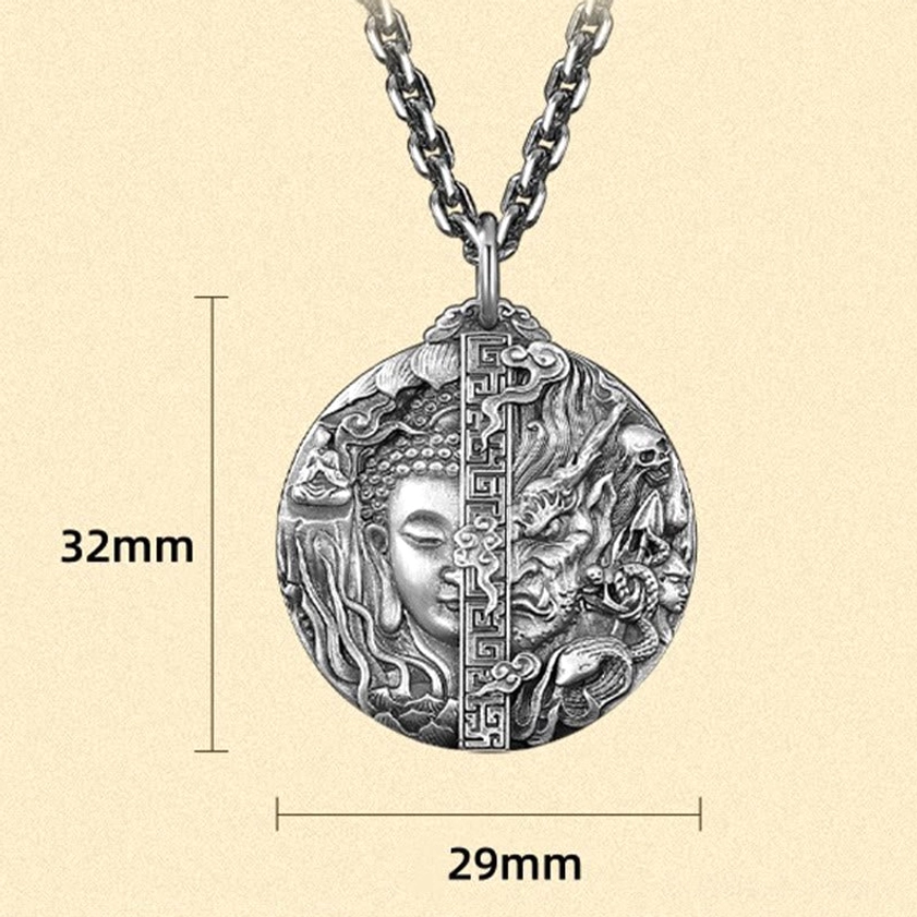 Buddhist copper pendant necklace front view with dimension markers showing 32mm height and 29mm width specifications