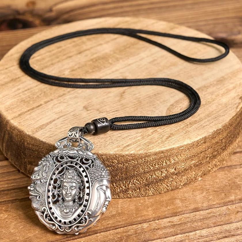 Copper Buddha pendant necklace with black rope chain variant, detailed carved dual-face design and spiritual protection pendant