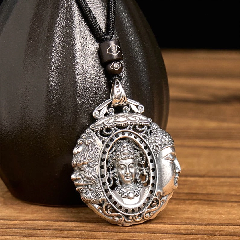 Buddhist spiritual pendant necklace close-up showing handcrafted artisan quality and authentic copper material