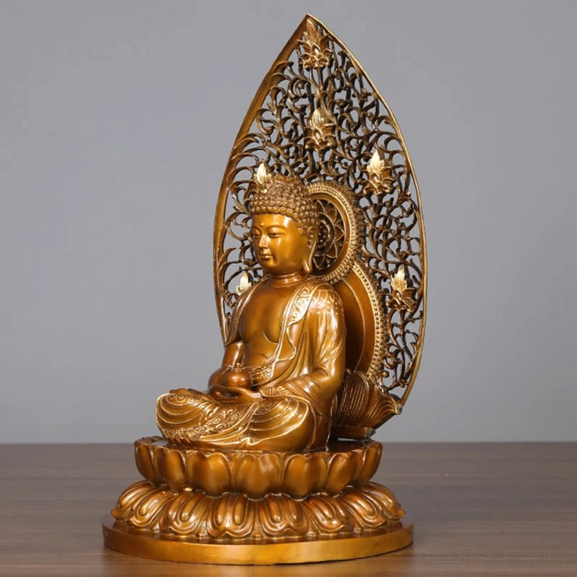 Copper Buddha statue rear view - Showing detailed backplate carving and authentic handmade bronze texture
