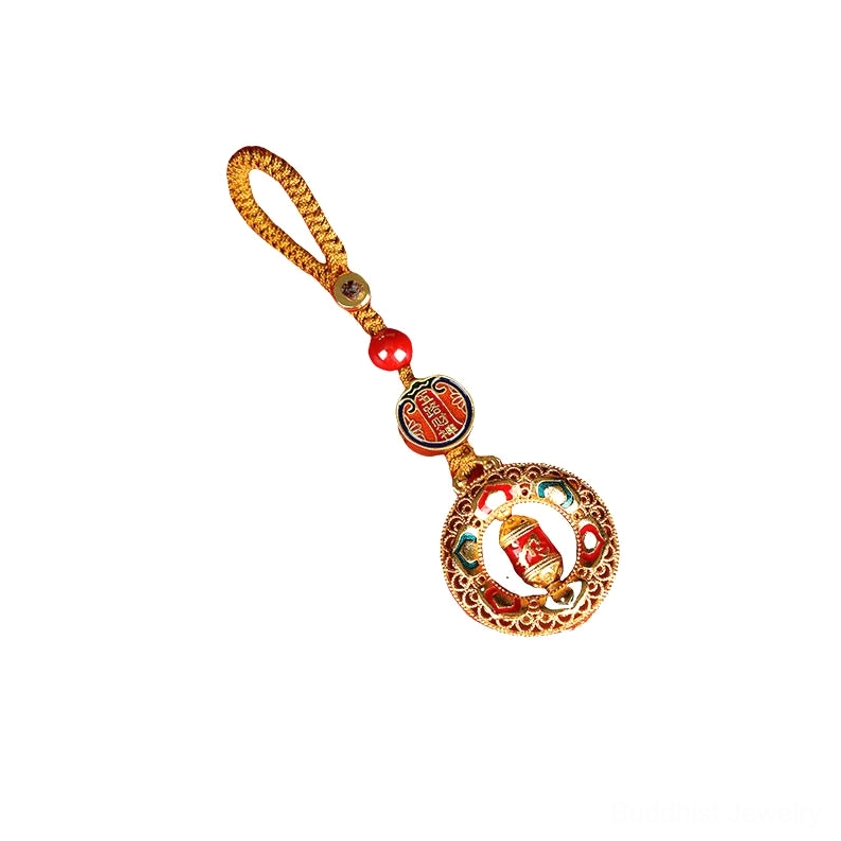 Copper prayer wheel keychain on white background with minimalist braided rope attachment