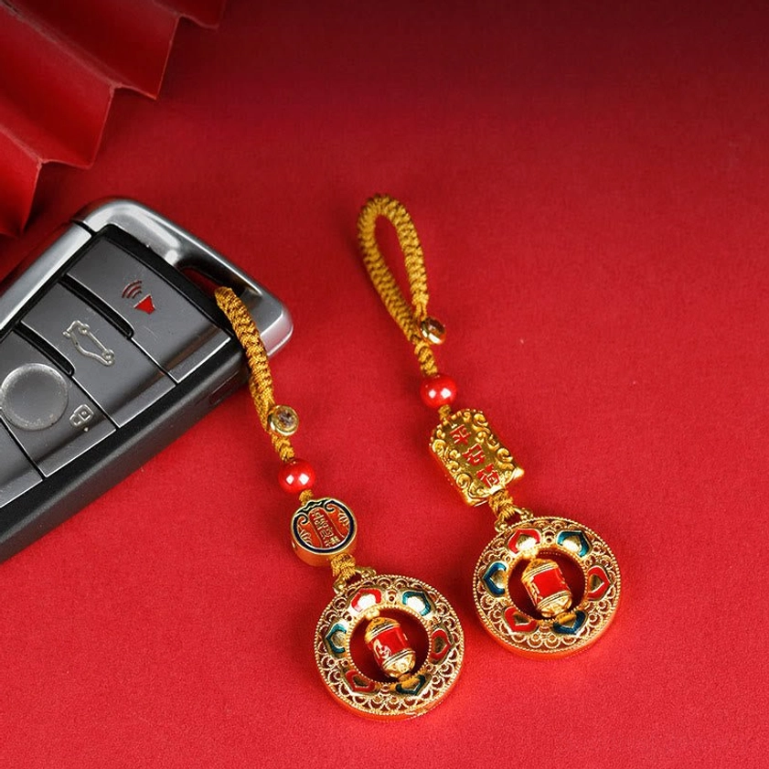Copper prayer wheel Buddhist keychain charm with multiple style and rope options for daily mindfulness