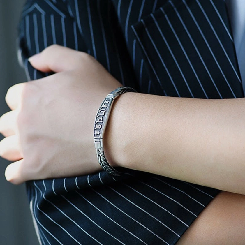 Premium copper Buddhist mantra bracelet featuring protective Vajra symbol and sacred Om Mani Padme Hum engraving