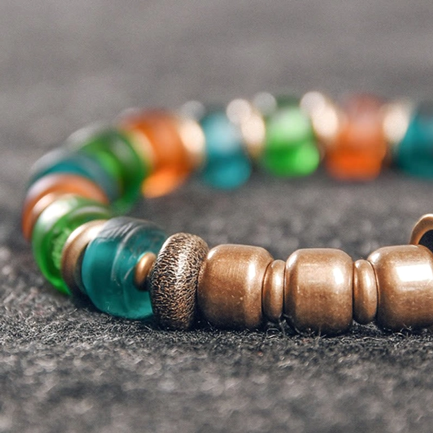 Copper and colorful glass beads bracelet packaged presentation showing all size options 15cm 16cm 17cm 18cm