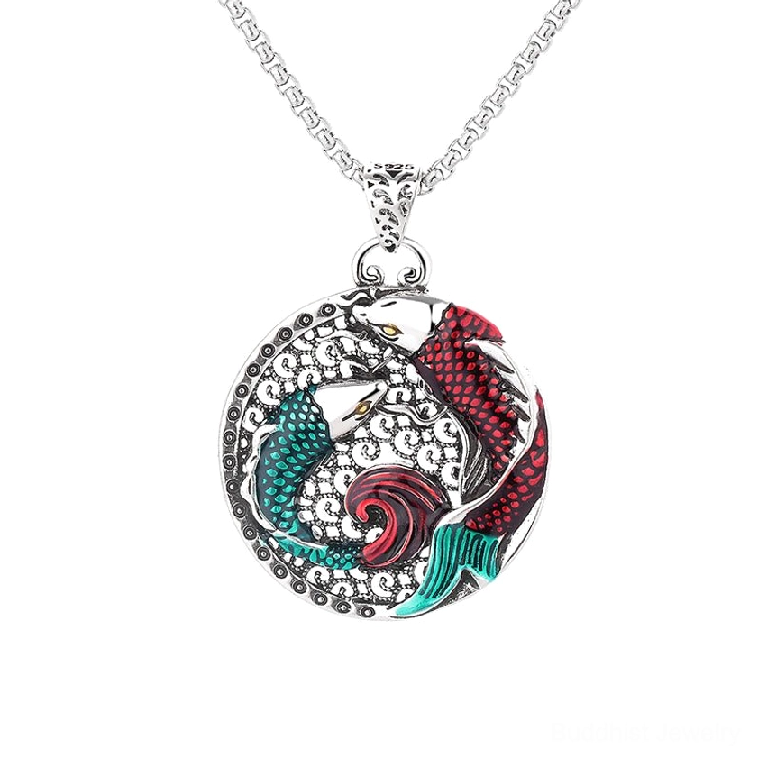Complete copper koi fish Buddhist necklace with red-green enamel double koi and silver wheat chain on white background