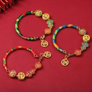 Multi-color copper lion gourd prosperity bracelets with gold charms displaying red, blue, and green enamel variants for Buddhist wealth and fortune