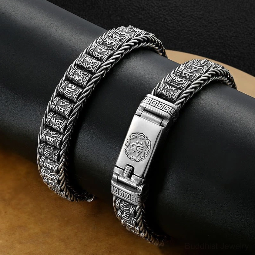Om Mani Padme Hum copper bracelet showing engraved chain links detail and textured woven design, vintage silver finish