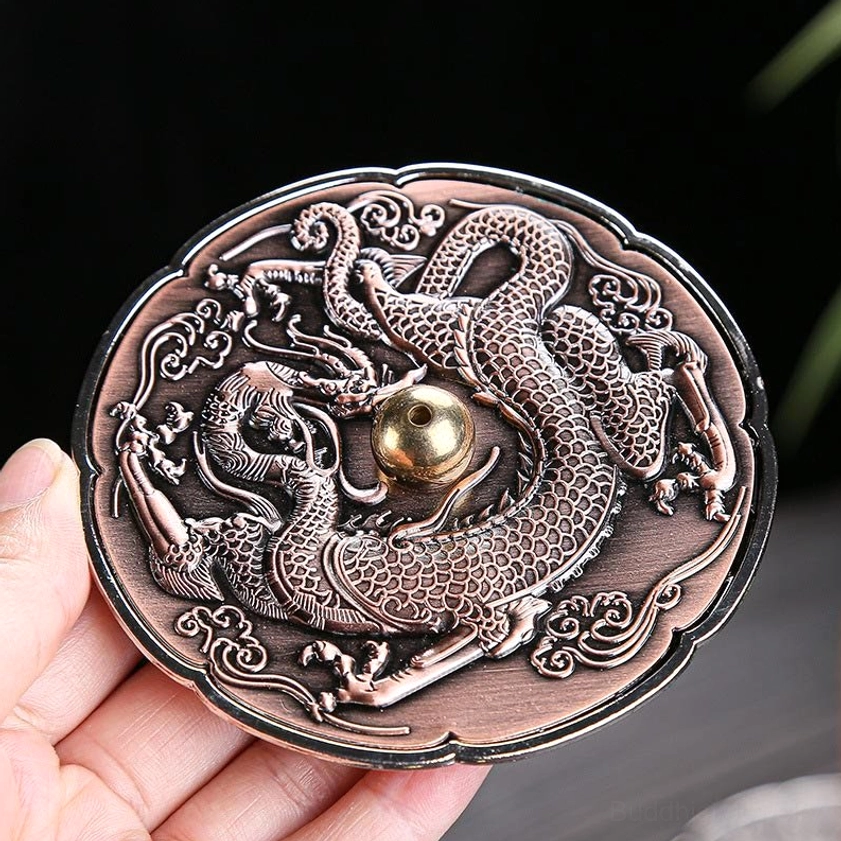 Copper-Red Dragon Incense Burner Held in Hand – Detailed Embossed Artwork and Brass Central Socket