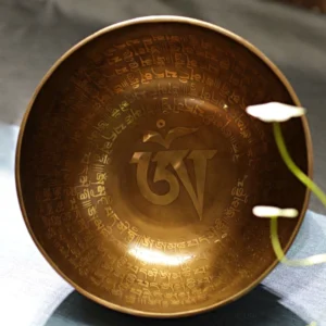 Handcrafted copper singing bowl overhead view with engraved Buddhist sutras and sacred symbols inside