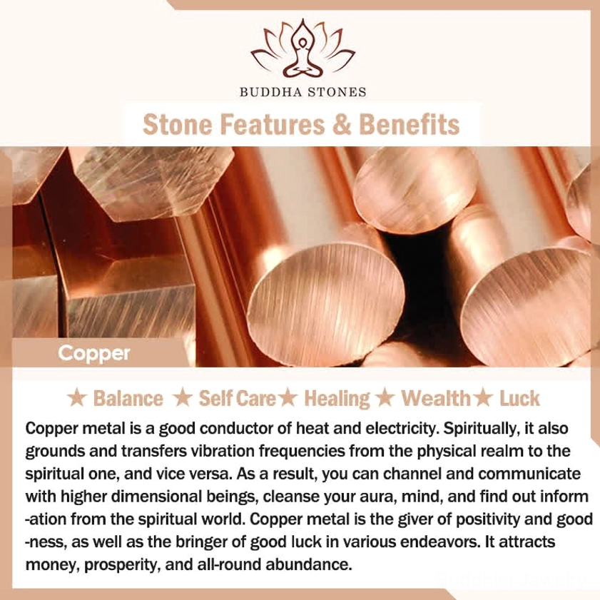 Copper material benefits reference card showing raw copper samples and spiritual healing properties for health and wealth
