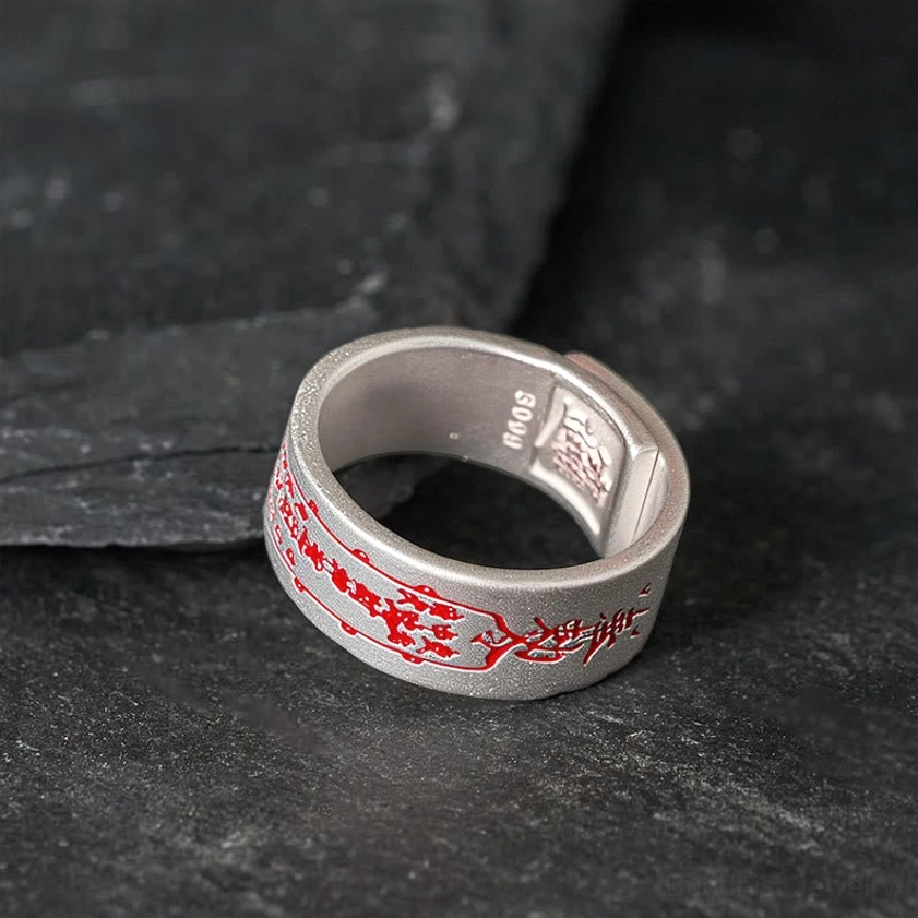 Bottom view of copper adjustable talisman ring highlighting inner engravings and sacred patterns on the band