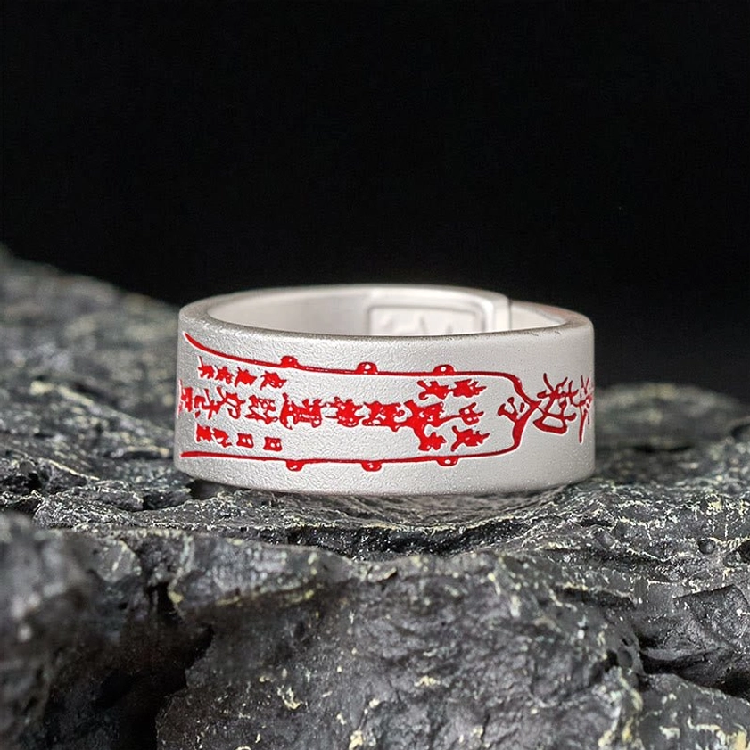 Copper talisman adjustable ring front overhead view showing detailed sacred engravings and adjustable open band structure