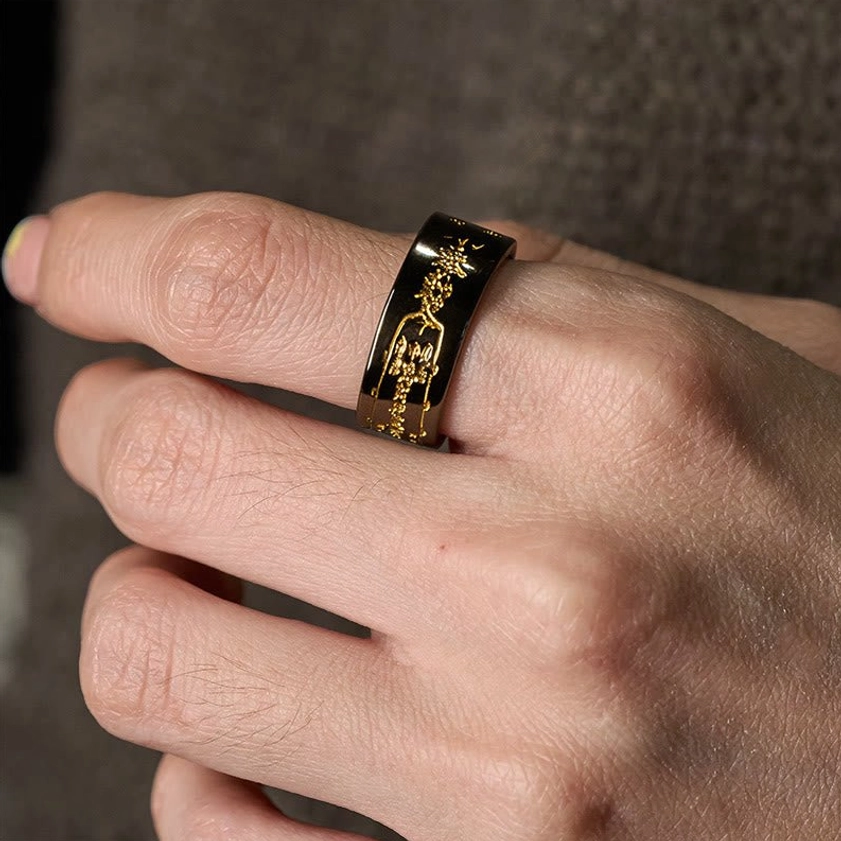 Copper talisman adjustable ring detail shot emphasizing handcrafted quality, natural material texture and sacred engraving artistry