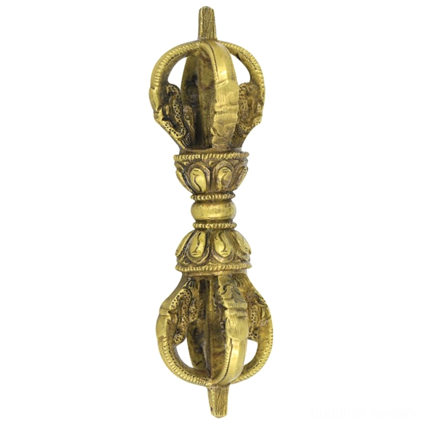 Front flat lay of single handmade five-prong copper vajra dorje showing symmetrical design and polished bronze texture