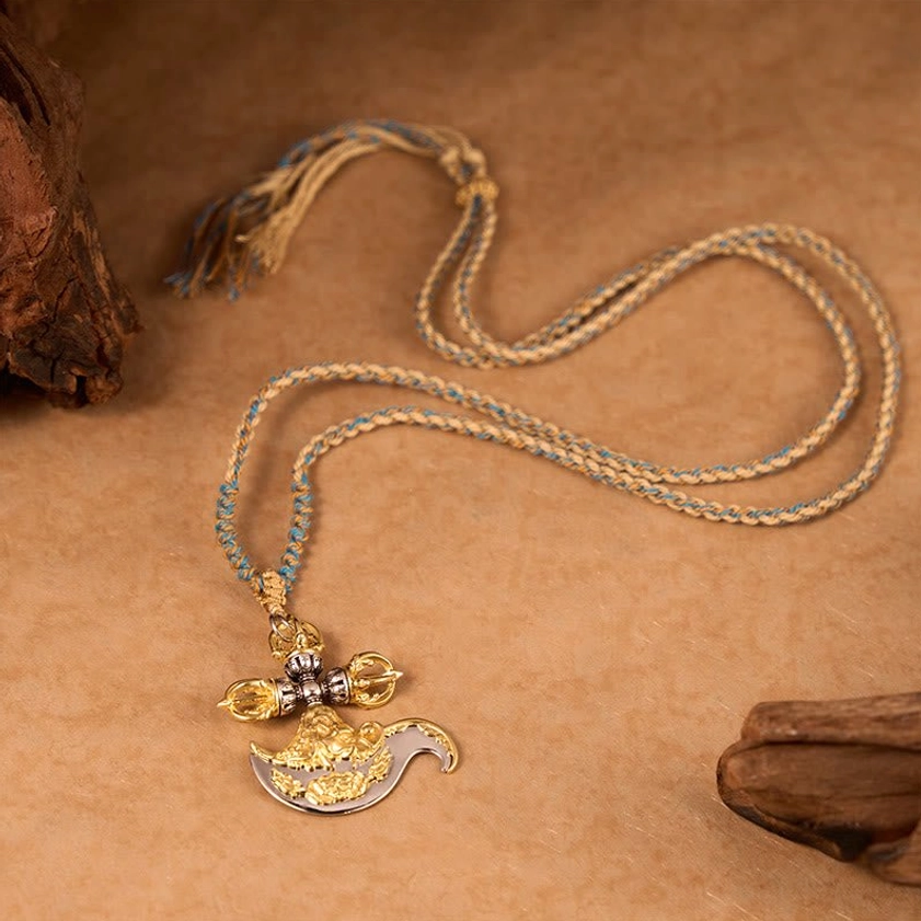 Full length copper vajra Buddhist necklace with adjustable braided cord flat lay display