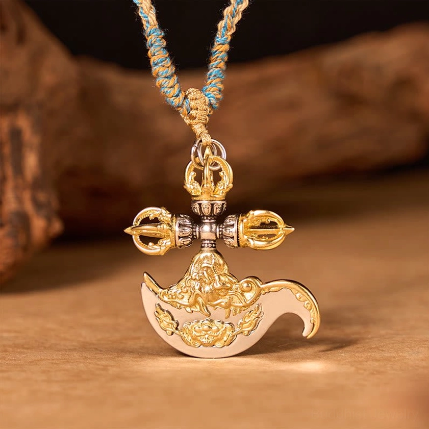 Handcrafted copper vajra spiritual necklace front overhead perspective showing intricate carved patterns