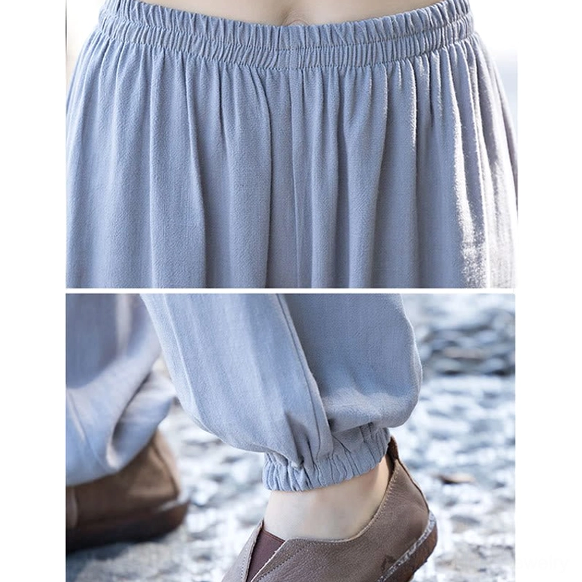 Women's cotton linen tai chi meditation uniform, complete two-piece set detail view showing collar and fastenings