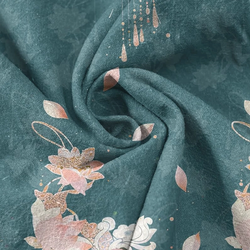 Pure cotton fabric texture with lotus and leaf watercolor print detail from men's buddhist-inspired shirt