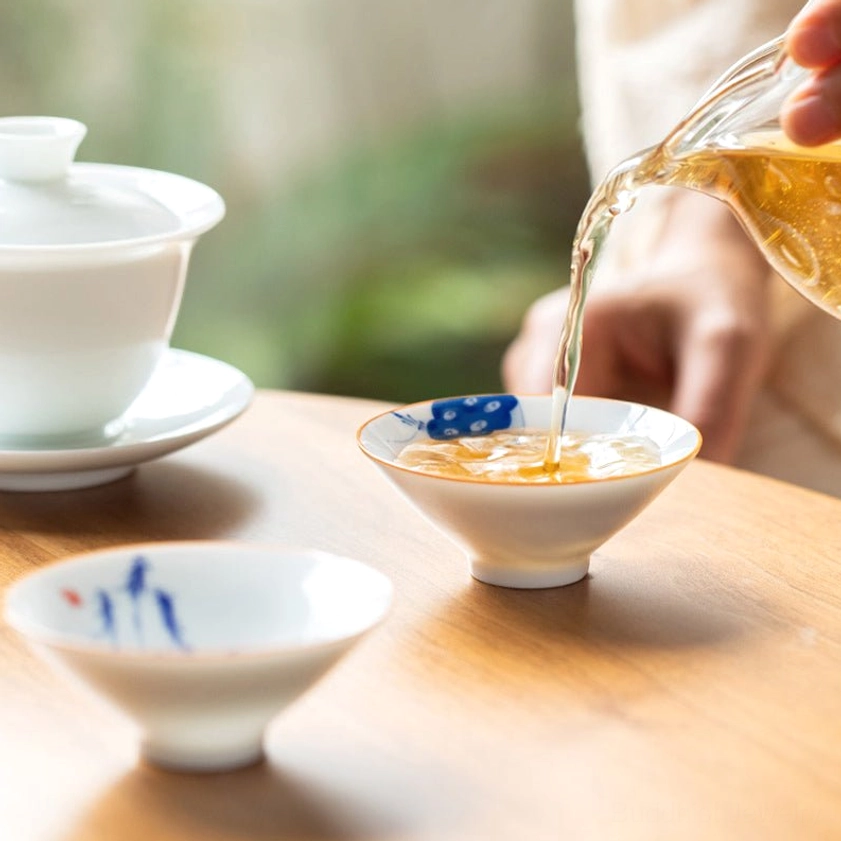 Traditional Buddhist porcelain teacup with countryside landscape hand-painted design 50ml