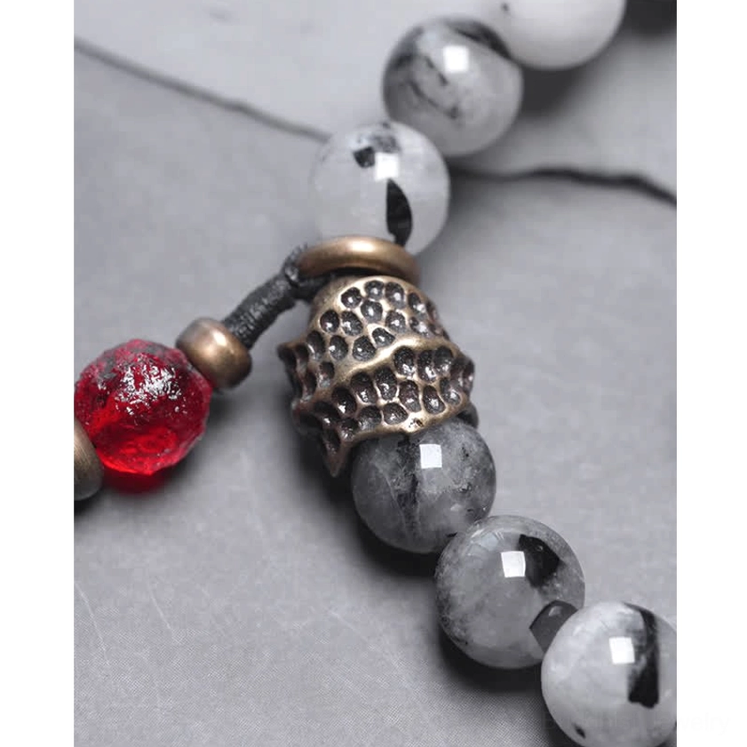 Black Rutilated Quartz couple bracelets gift set with protective ebony wood charm